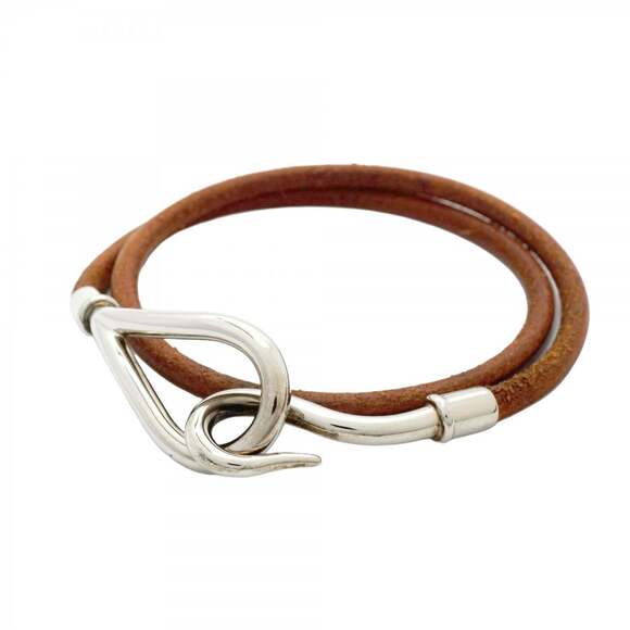 Hermes Jumbo Hook Bracelet Metal Leather Silver Brown Women's